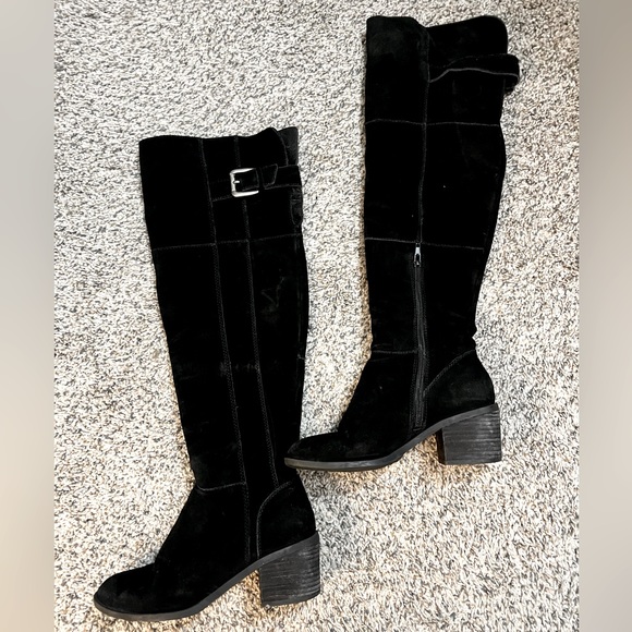 Crown Vintage Cathy Knee High Black Real Leather Heeled Boots - Picture 1 of 5